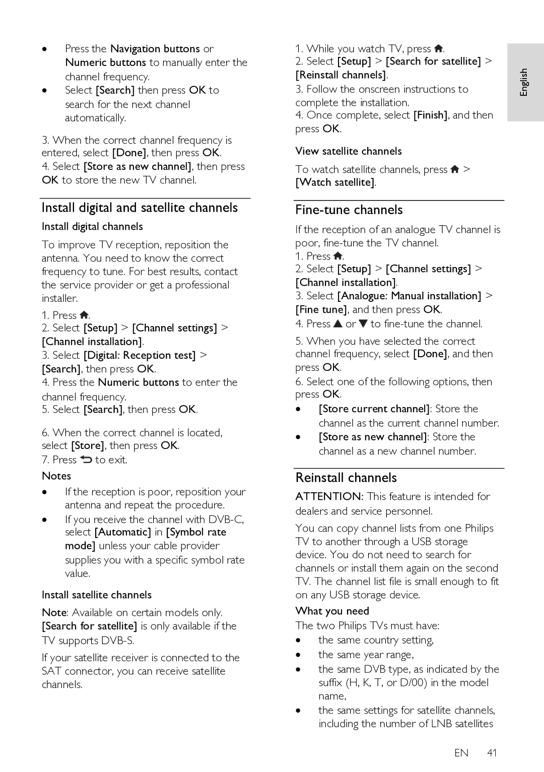 Philips 47PFL76X6H, 42PFL76X6T, 47PFL76X6T Install digital and satellite channels, Fine-tune channels, Reinstall channels 
