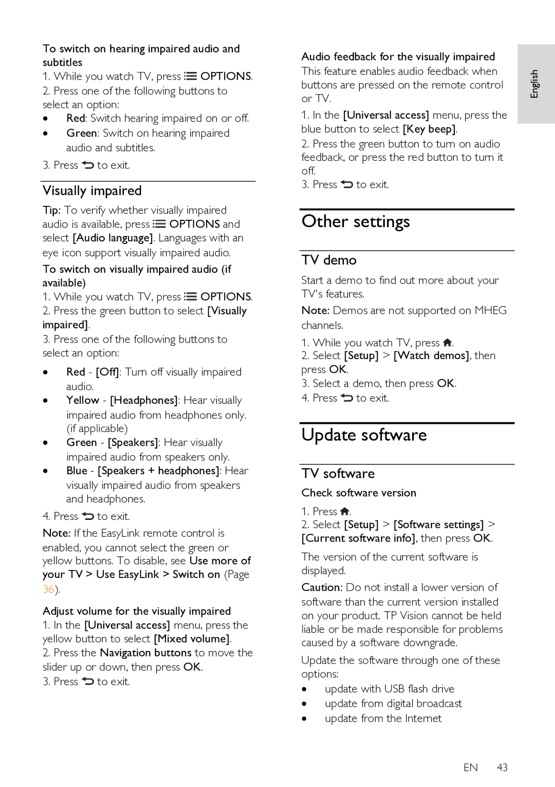 Philips 55PFL76X6H, 42PFL76X6T, 47PFL76X6T Other settings, Update software, Visually impaired, TV demo, TV software 