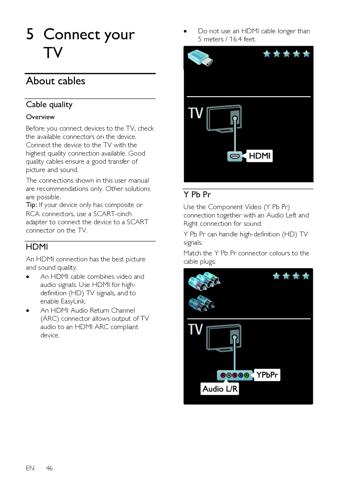 Philips 47PFL76X6T About cables, Cable quality, Pb Pr, An Hdmi connection has the best picture and sound quality 