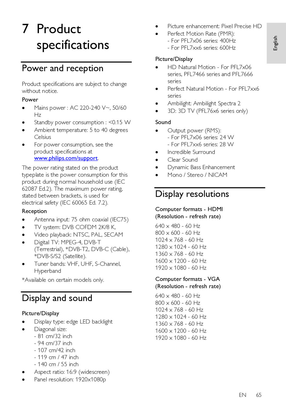 Philips 32PFL76X6T, 42PFL76X6T, 47PFL76X6T, 42PFL76X6H user manual Power and reception, Display and sound, Display resolutions 