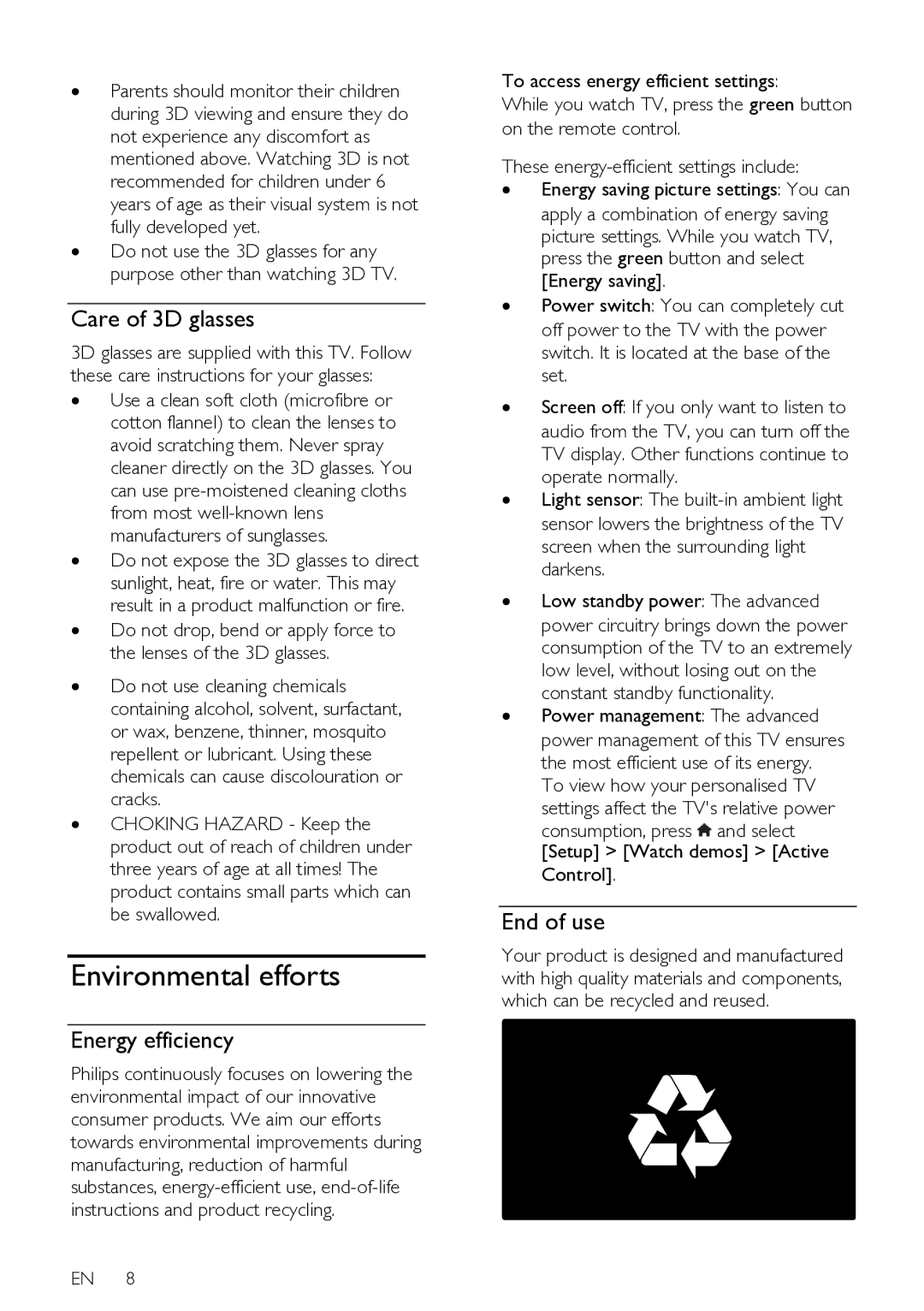 Philips 37PFL76X6K, 42PFL76X6T, 47PFL76X6T Environmental efforts, Care of 3D glasses, Energy efficiency, End of use 