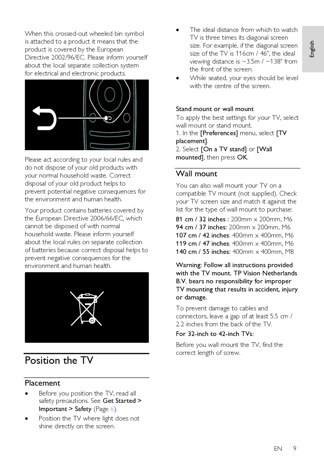 Philips 37PFL76X6H, 42PFL76X6T, 47PFL76X6T, 42PFL76X6H user manual Position the TV, Placement, Wall mount, Front of the screen 