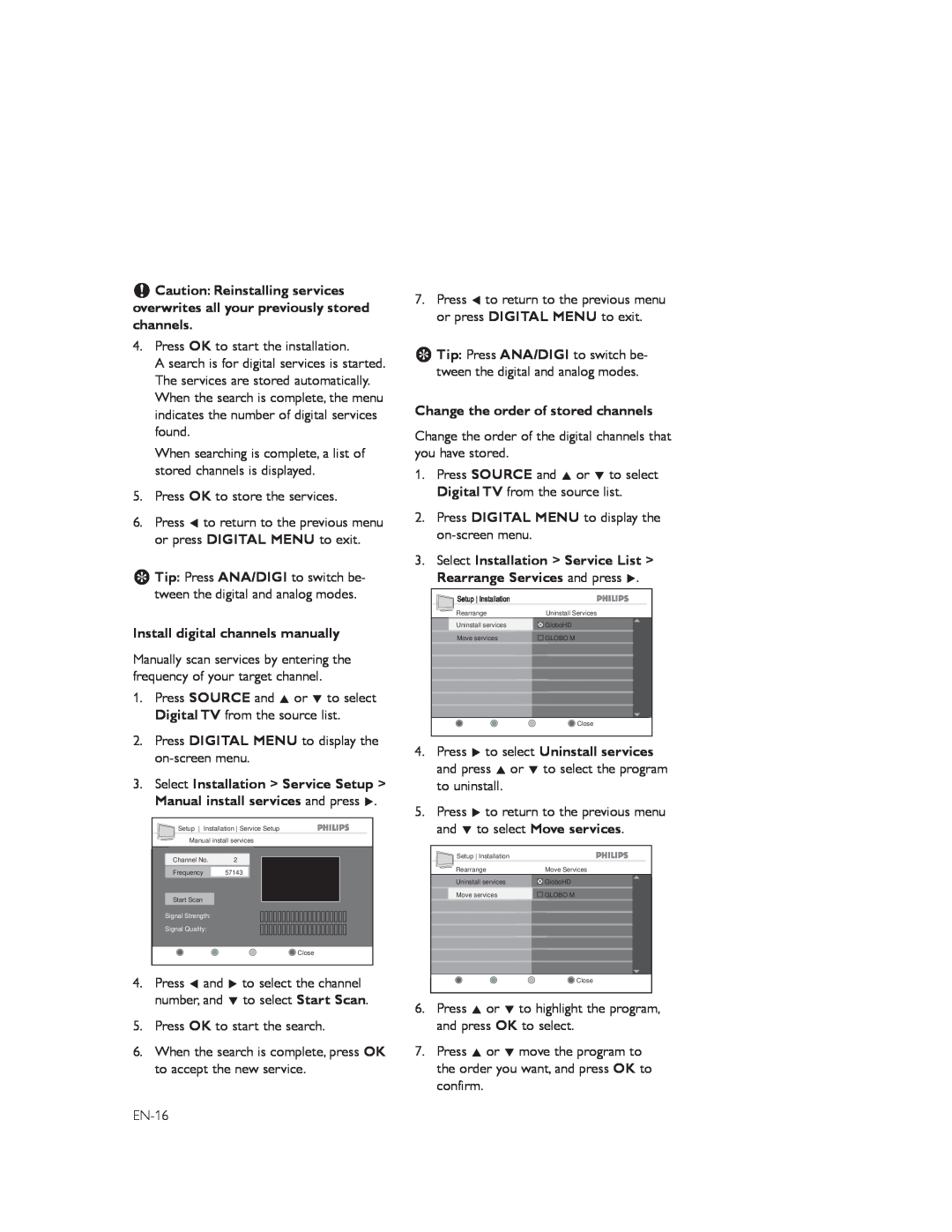 Philips 42PFL7803D, 52PFL7803D user manual Install digital channels manually, Change the order of stored channels 