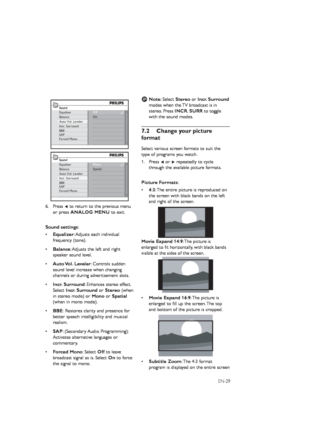 Philips 52PFL7803D, 42PFL7803D user manual 7.2Change your picture format, Sound settings, Picture Formats 