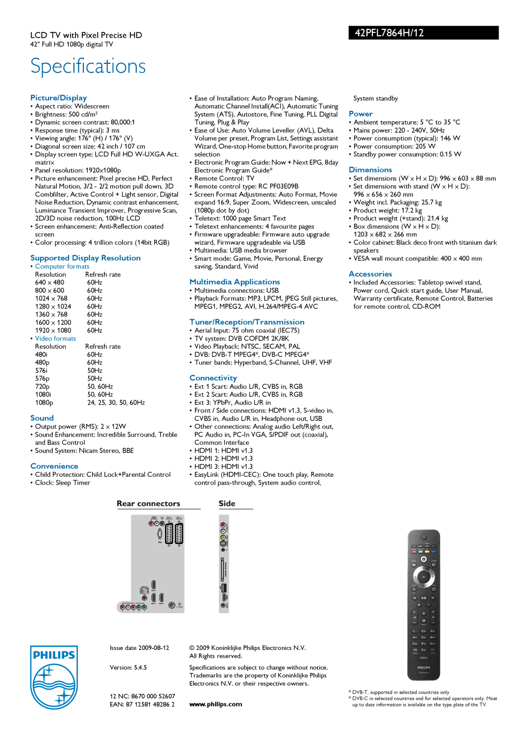 Philips 42PFL7864H manual Picture/Display, Supported Display Resolution, Sound, Convenience, Multimedia Applications, Power 