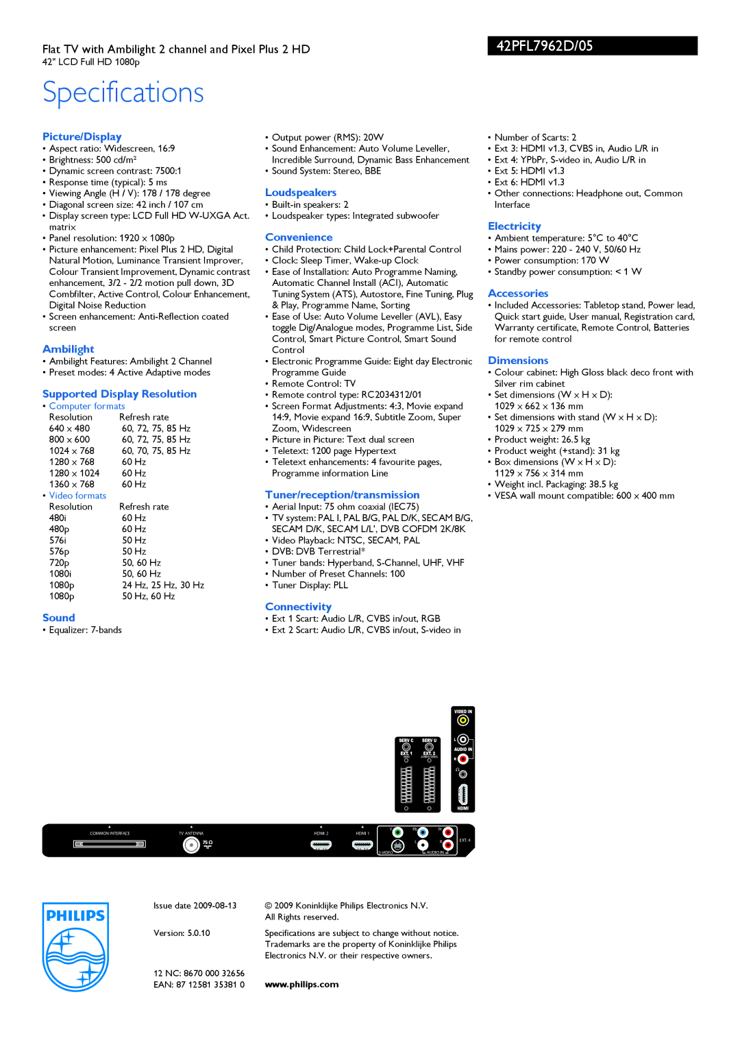 Philips 42PFL7962D/05 manual Picture/Display, Loudspeakers, Electricity, Convenience, Accessories, Ambilight, Dimensions 