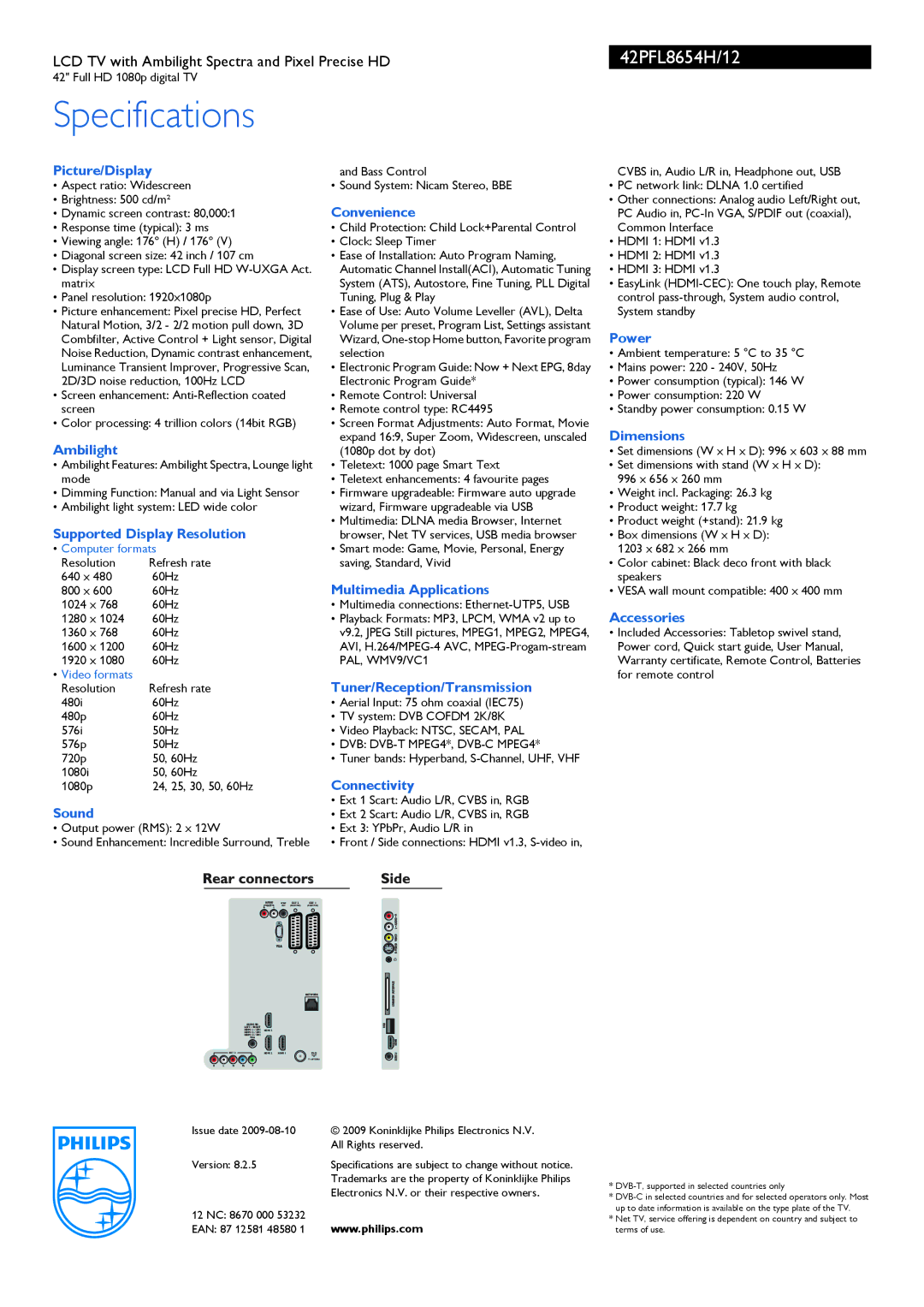 Philips 42PFL8654H Picture/Display, Ambilight, Supported Display Resolution, Sound, Convenience, Multimedia Applications 