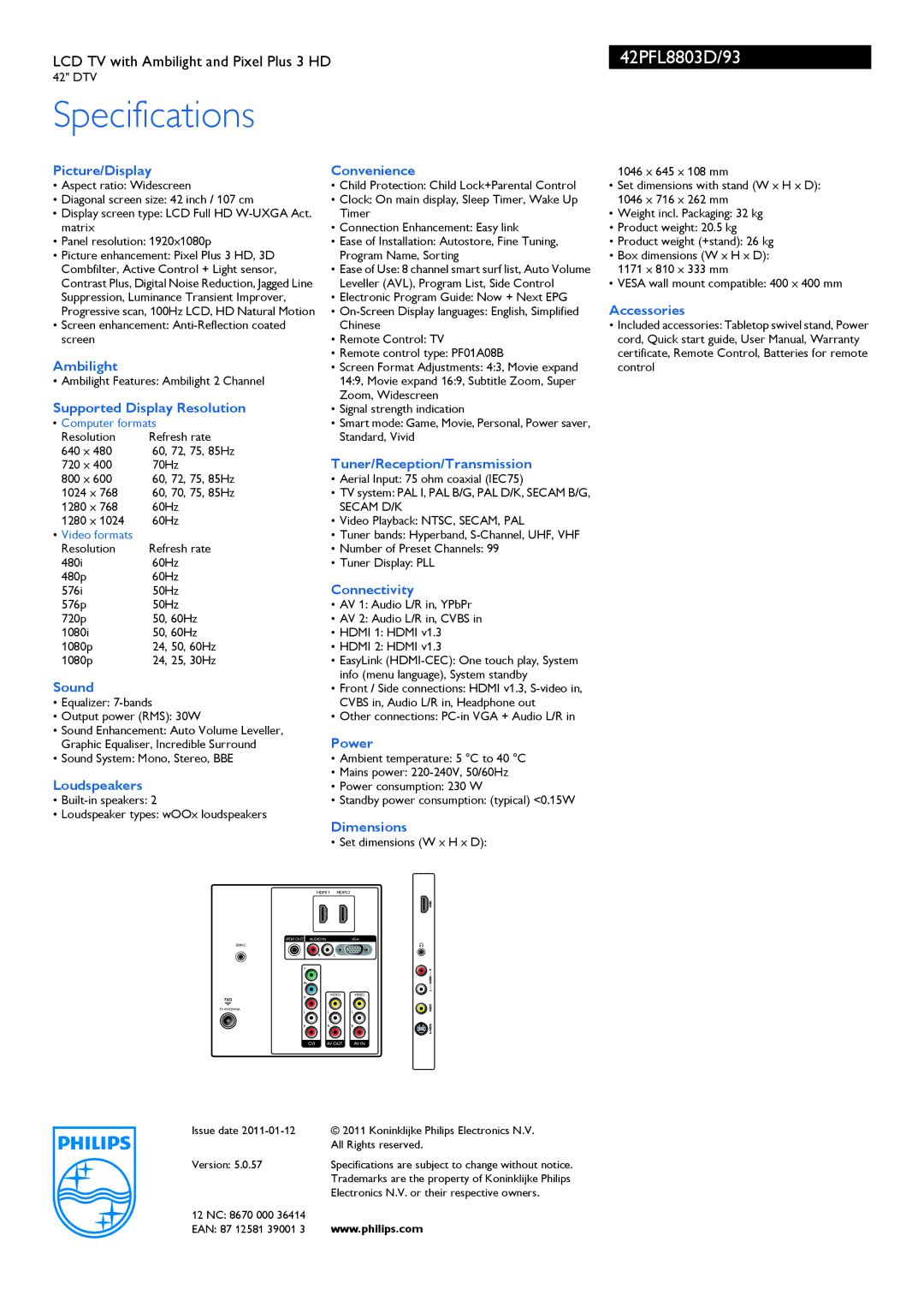 Philips 42PFL8803D Picture/Display Convenience, Accessories, Supported Display Resolution, Tuner/Reception/Transmission 