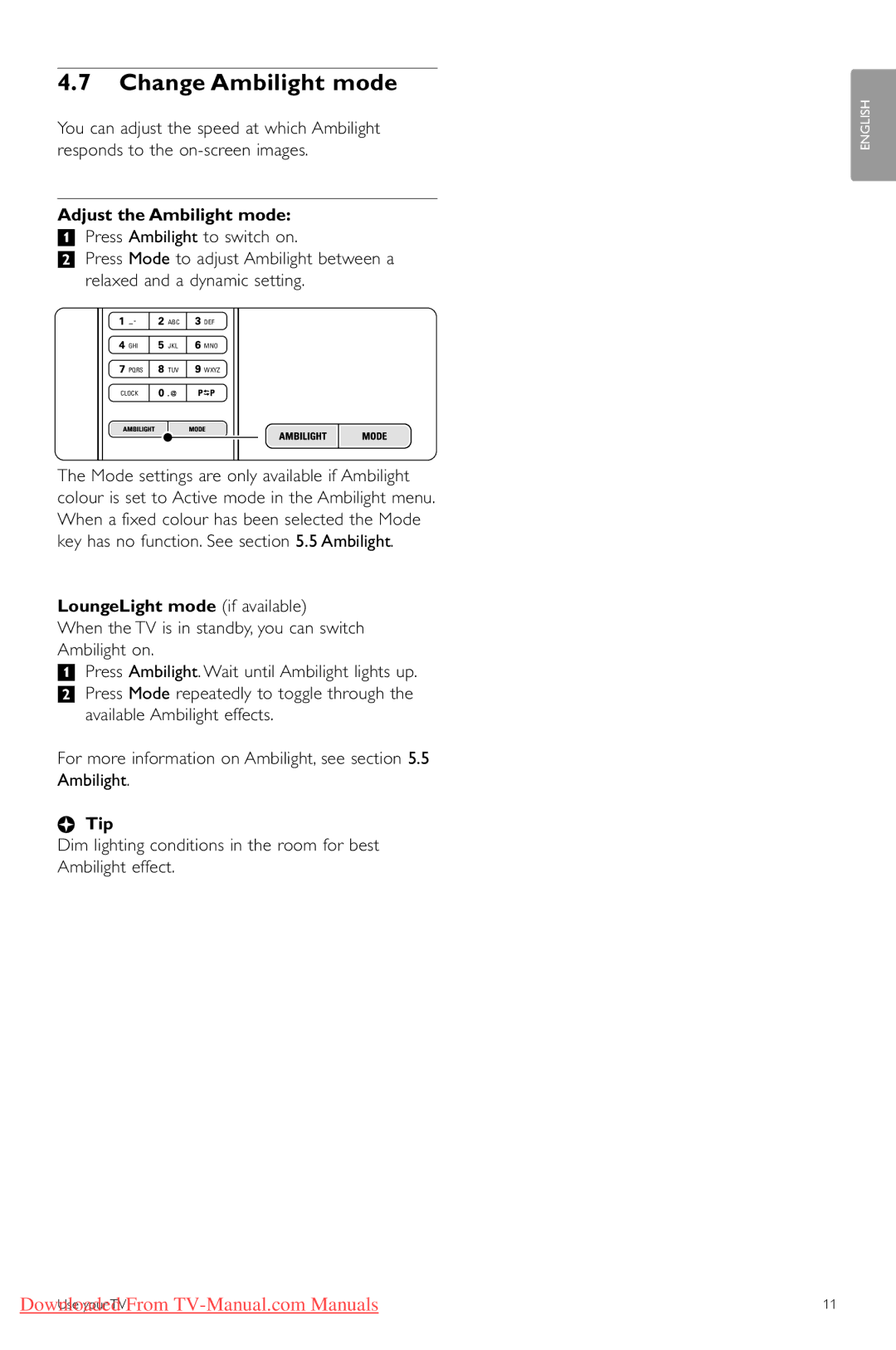 Philips 42PFL9703, 42PFL9603 manual Change Ambilight mode, Adjust the Ambilight mode, LoungeLight mode if available, Tip 