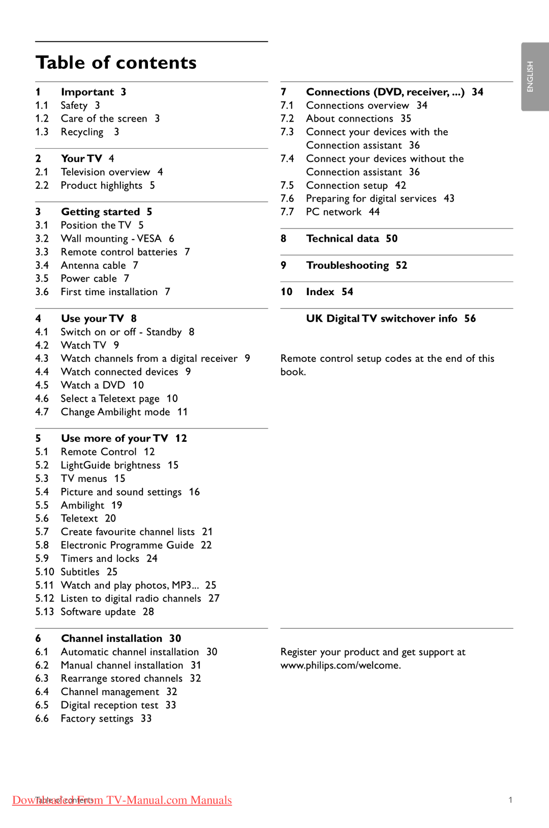 Philips 42PFL9703, 42PFL9603 manual Table of contents 