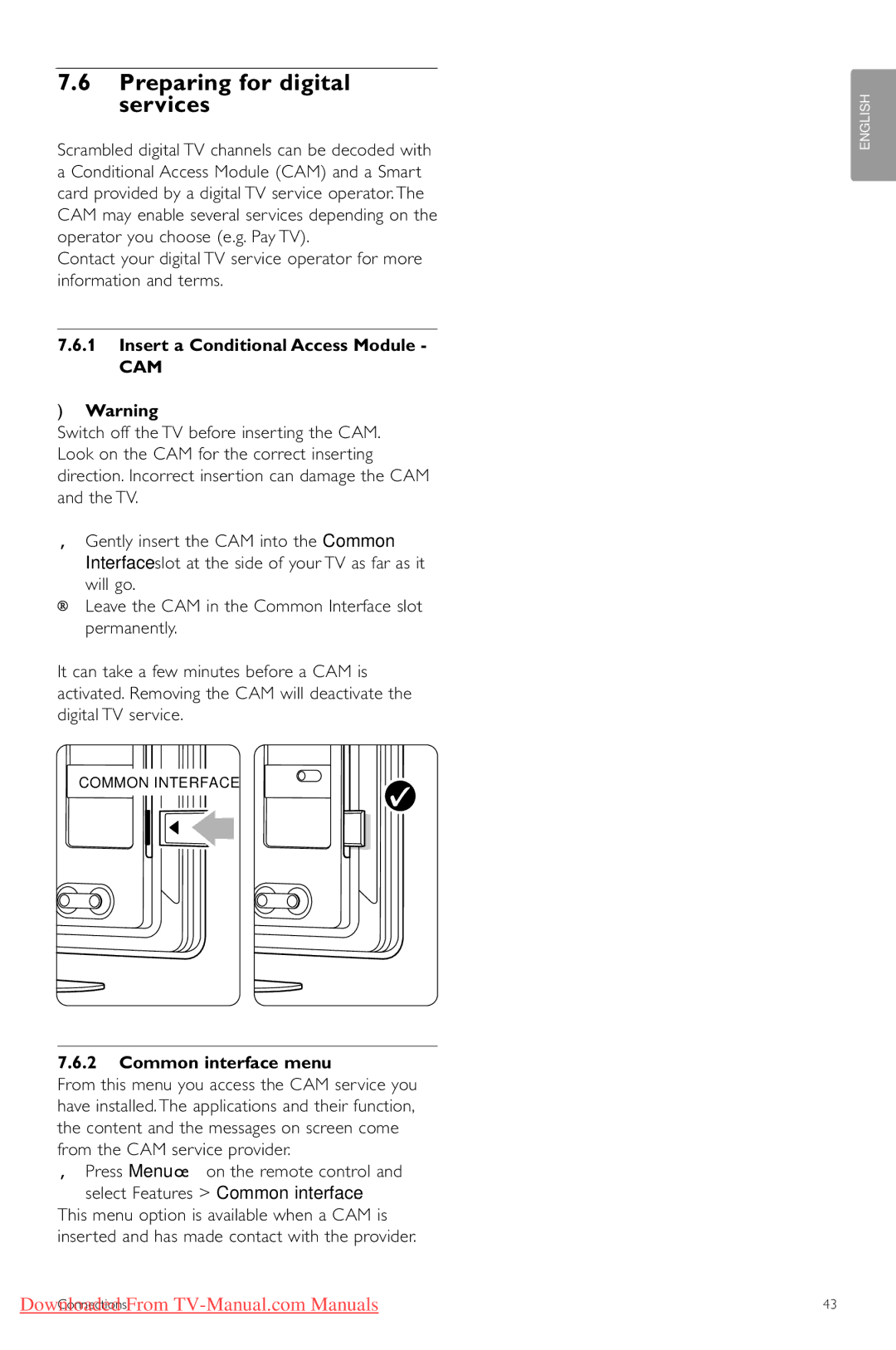 Philips 42PFL9703, 42PFL9603 Preparing for digital services, Insert a Conditional Access Module, Common interface menu 