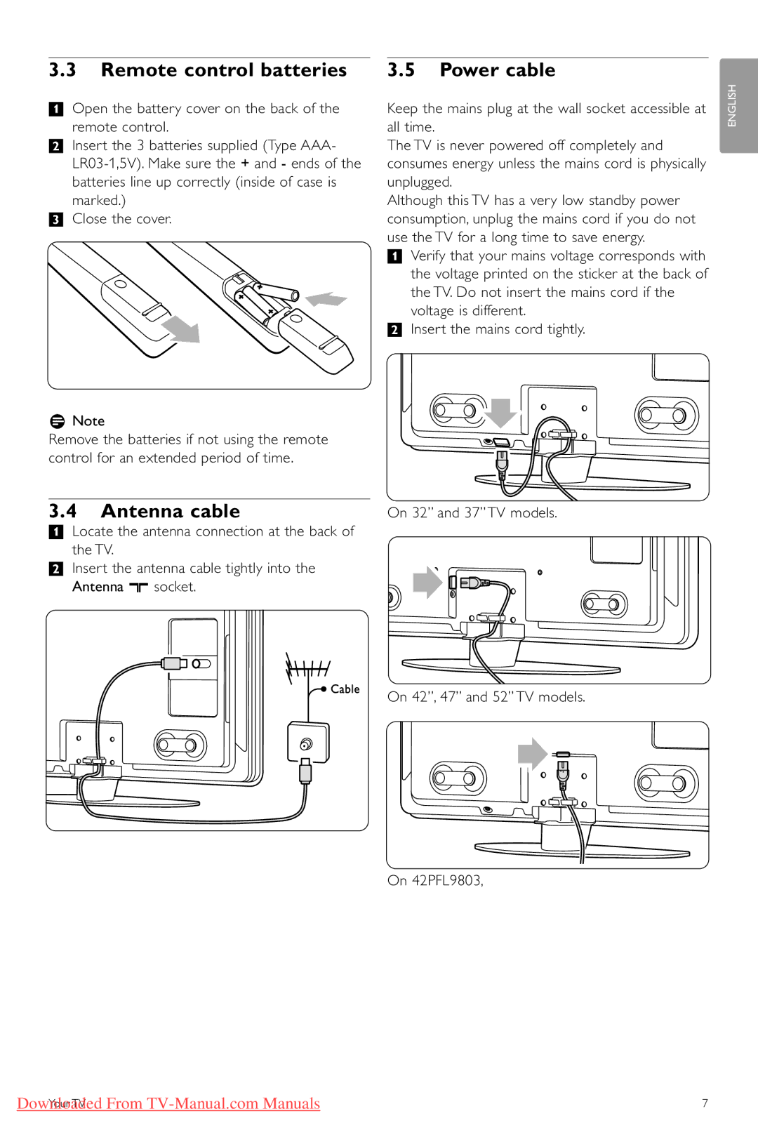 Philips 42PFL9703, 42PFL9603 manual Remote control batteries, Power cable, Antenna cable 