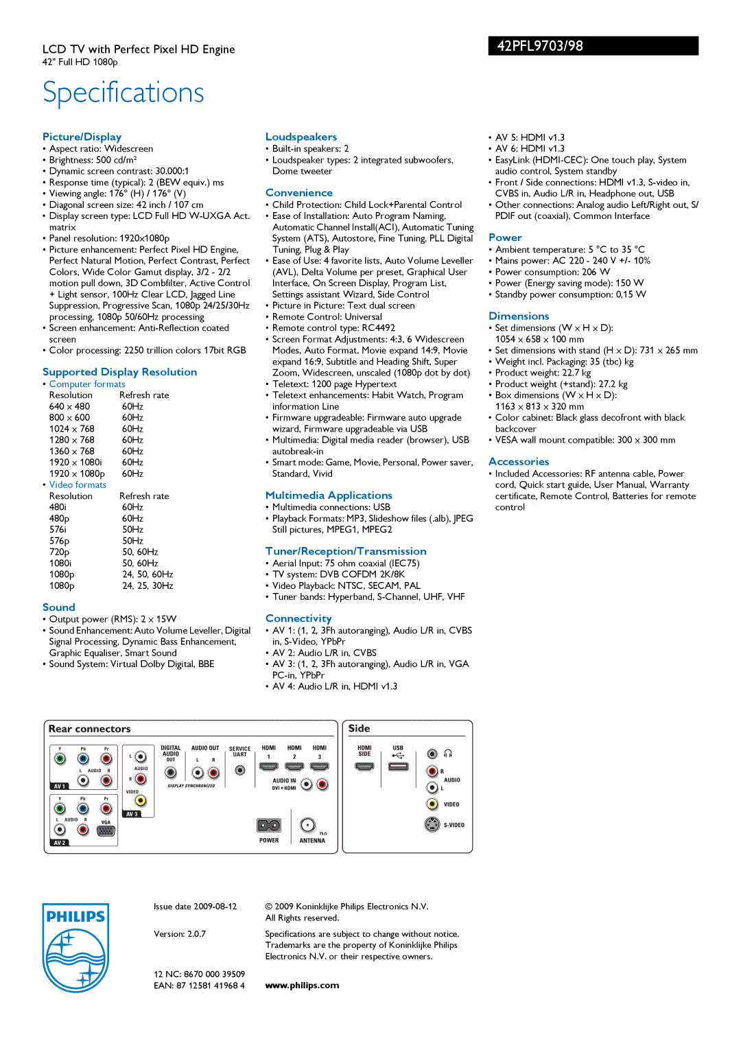 Philips 42PFL9703/98 Picture/Display Loudspeakers, Convenience, Power, Dimensions, Supported Display Resolution, Sound 