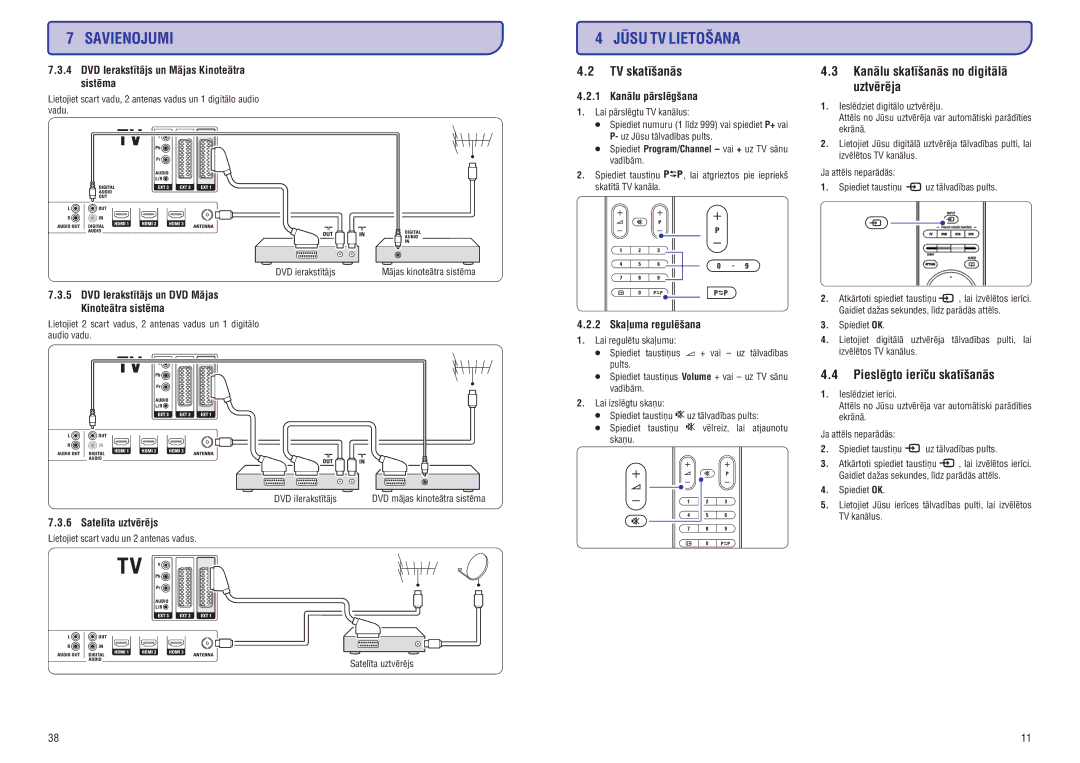 Philips 42PFL9732D manual TV skatîðanâs, Kanâlu skatîðanâs no digitâlâ uztvçrçja, Pieslçgto ierîèu skatîðanâs 