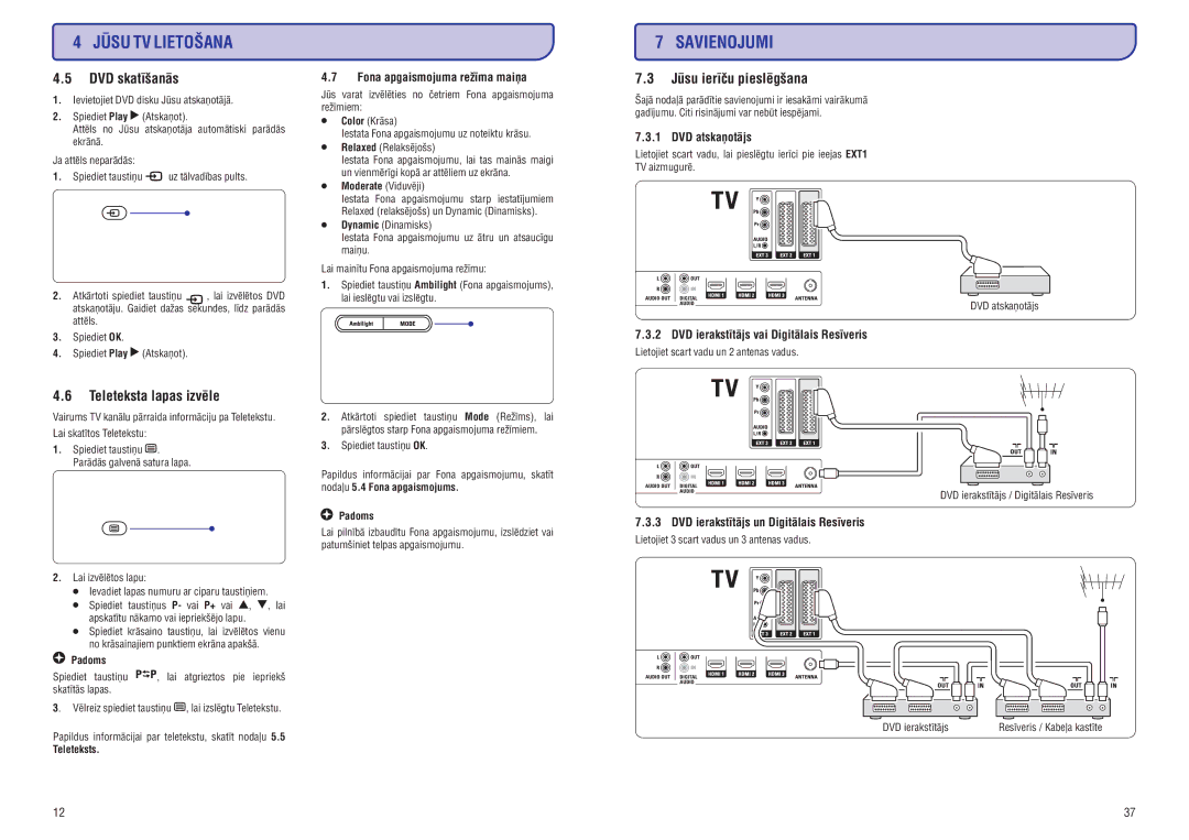 Philips 42PFL9732D manual DVD skatîðanâs, Teleteksta lapas izvçle, Jûsu ierîèu pieslçgðana 