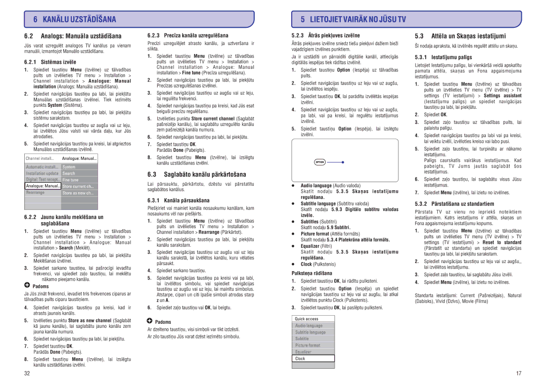 Philips 42PFL9732D manual Analogs Manuâla uzstâdîðana, Saglabâto kanâlu pârkârtoðana, Attçla un Skaòas iestatîjumi 