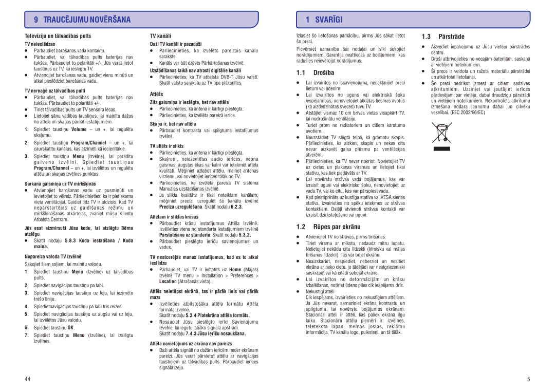 Philips 42PFL9732D manual Svarîgi, Droðîba, Rûpes par ekrânu, Pârstrâde 