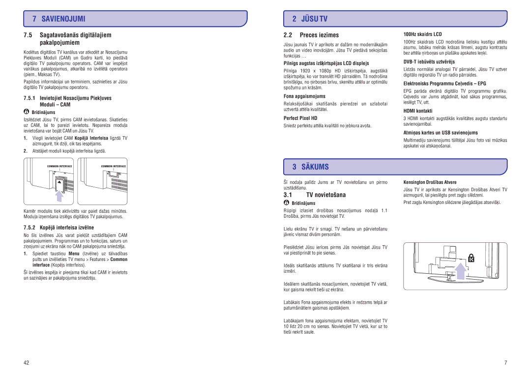 Philips 42PFL9732D manual Savienojumi, Sâkums, Preces iezîmes, TV novietoðana 