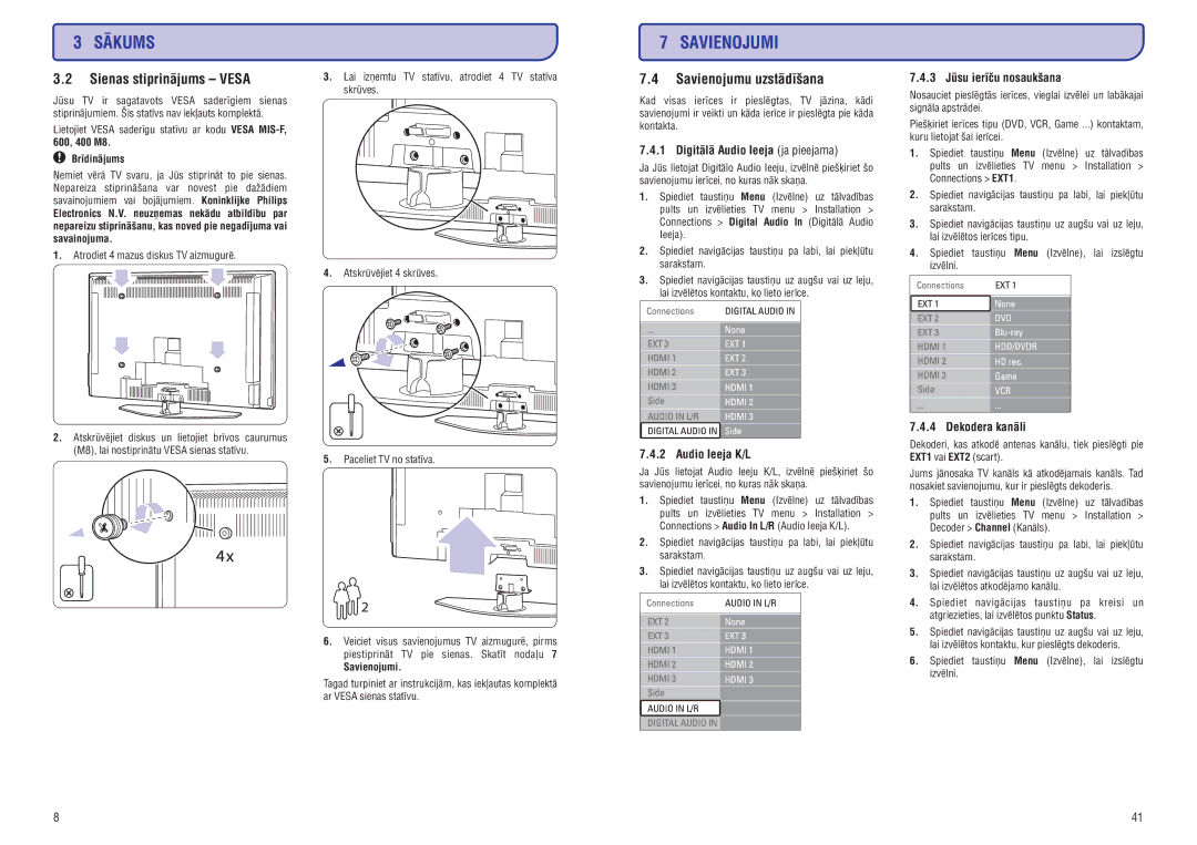 Philips 42PFL9732D manual Sienas stiprinâjums Vesa, Savienojumu uzstâdîðana 