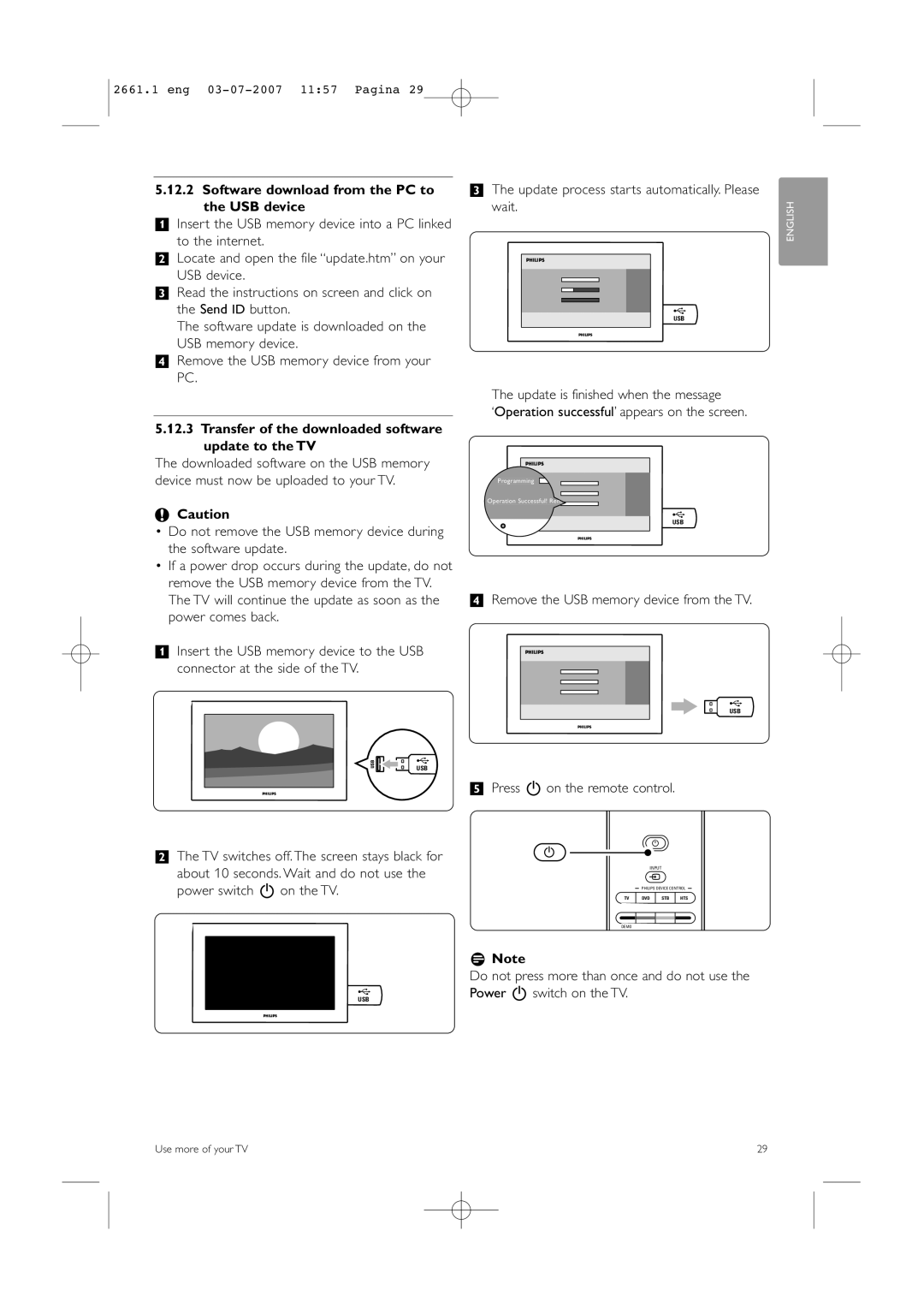 Philips 42PFL9742D/19 manual Software download from the PC to the USB device, † Remove the USB memory device from the TV 