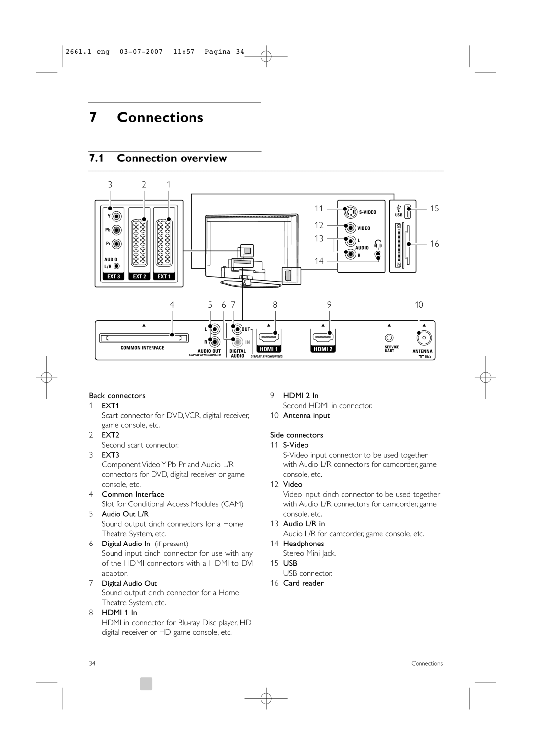 Philips 42PFL9742D/19 manual Connections, Connection overview, Back connectors, Second scart connector 