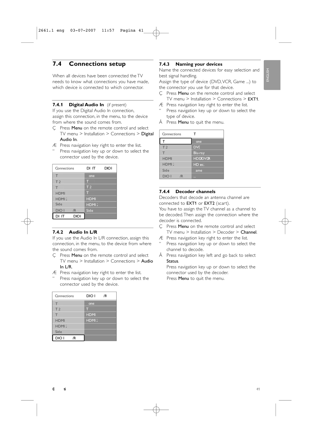 Philips 42PFL9742D/19 Connections setup, Digital Audio In if present, Audio In L/R, Naming your devices, Decoder channels 