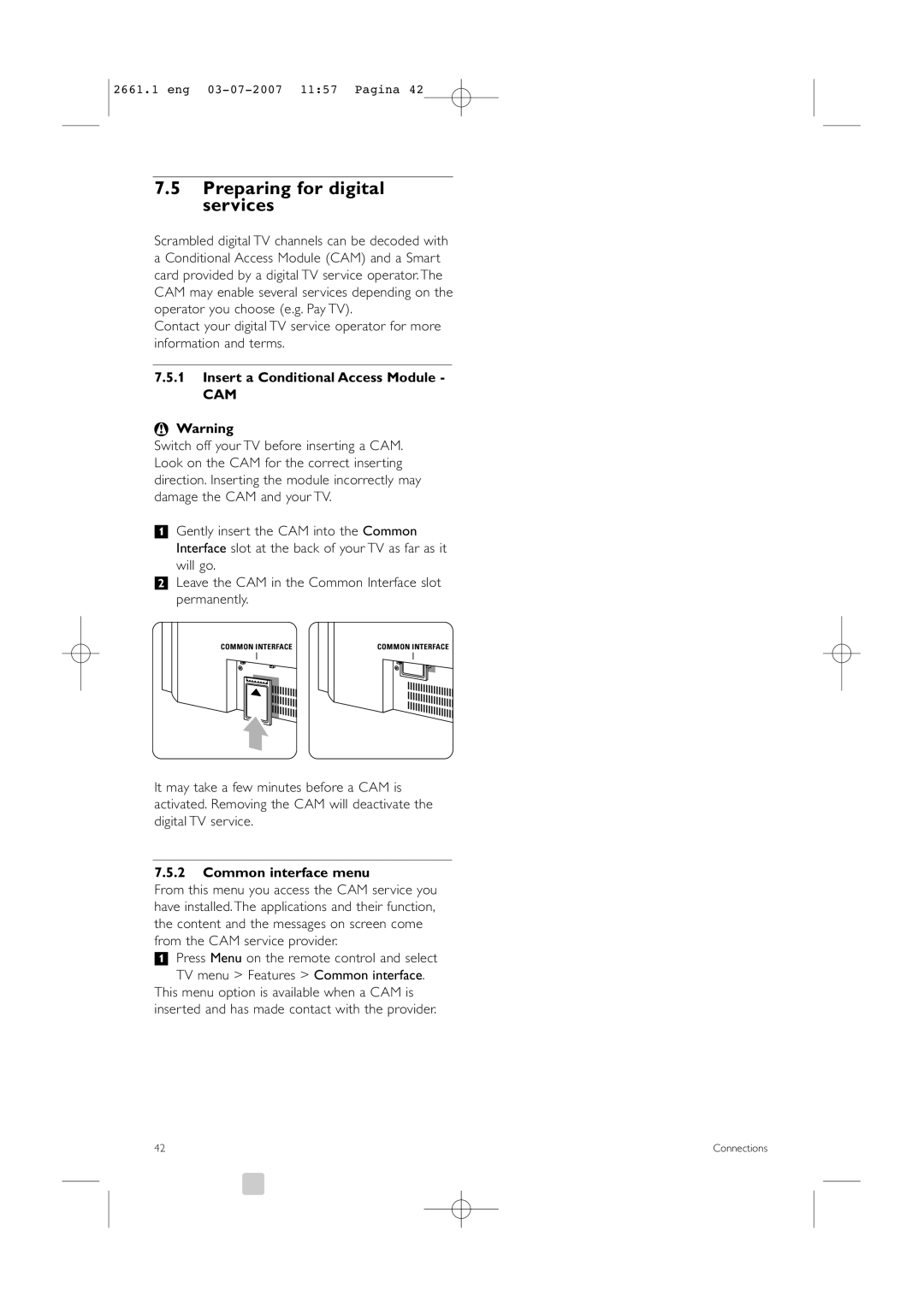 Philips 42PFL9742D/19 manual Preparing for digital services, Insert a Conditional Access Module, Common interface menu 