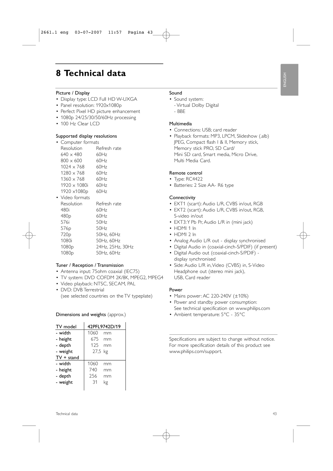 Philips 42PFL9742D/19 manual Technical data, Bbe 