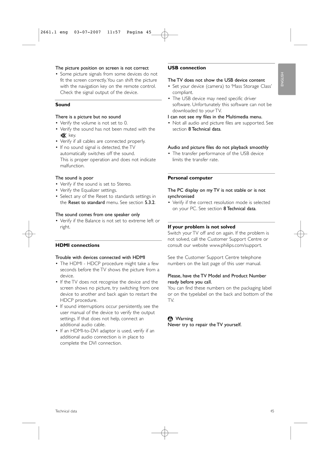 Philips 42PFL9742D/19 manual Sound, Hdmi connections, USB connection, If your problem is not solved 