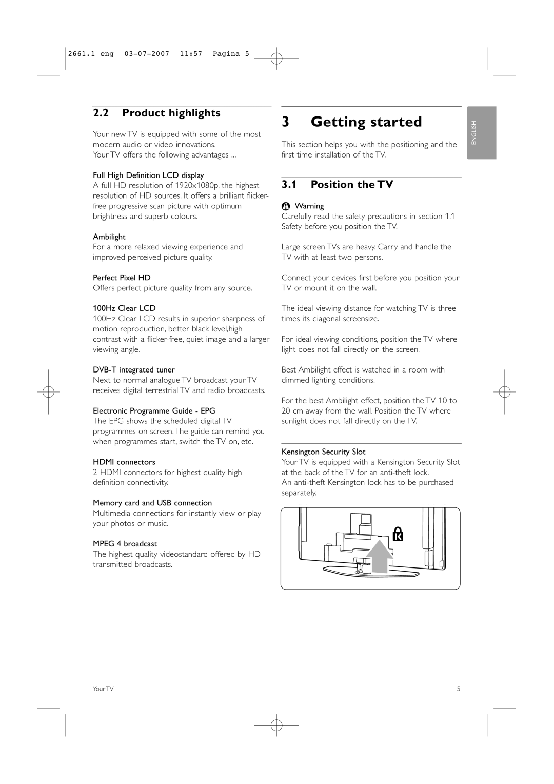 Philips 42PFL9742D/19 manual Getting started, Product highlights, Position the TV 