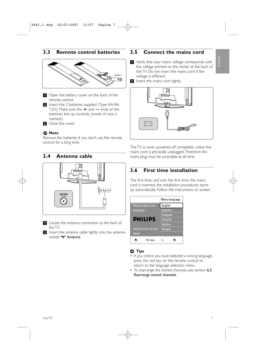 Philips 42PFL9742D/19 Remote control batteries Connect the mains cord, Antenna cable, First time installation, RNote, Tips 