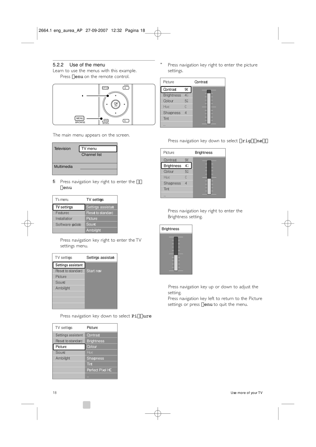 Philips 42PFL9900/98 manual Use of the menu 