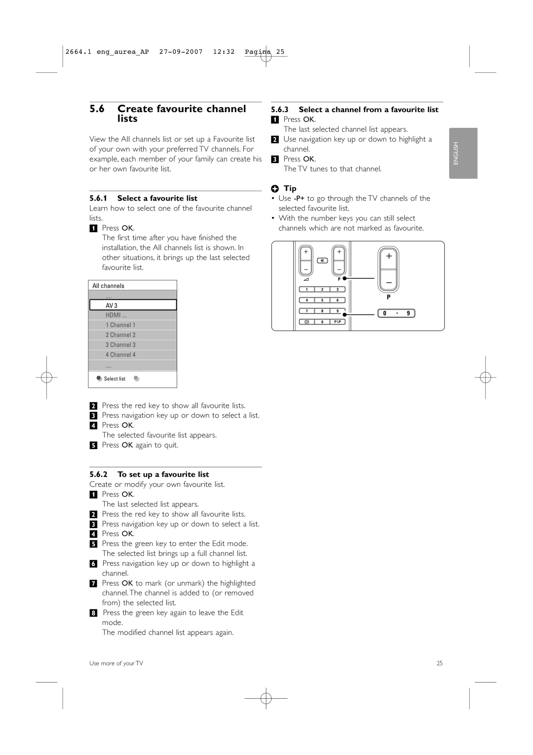 Philips 42PFL9900/98 manual Create favourite channel lists, Select a favourite list, Select a channel from a favourite list 