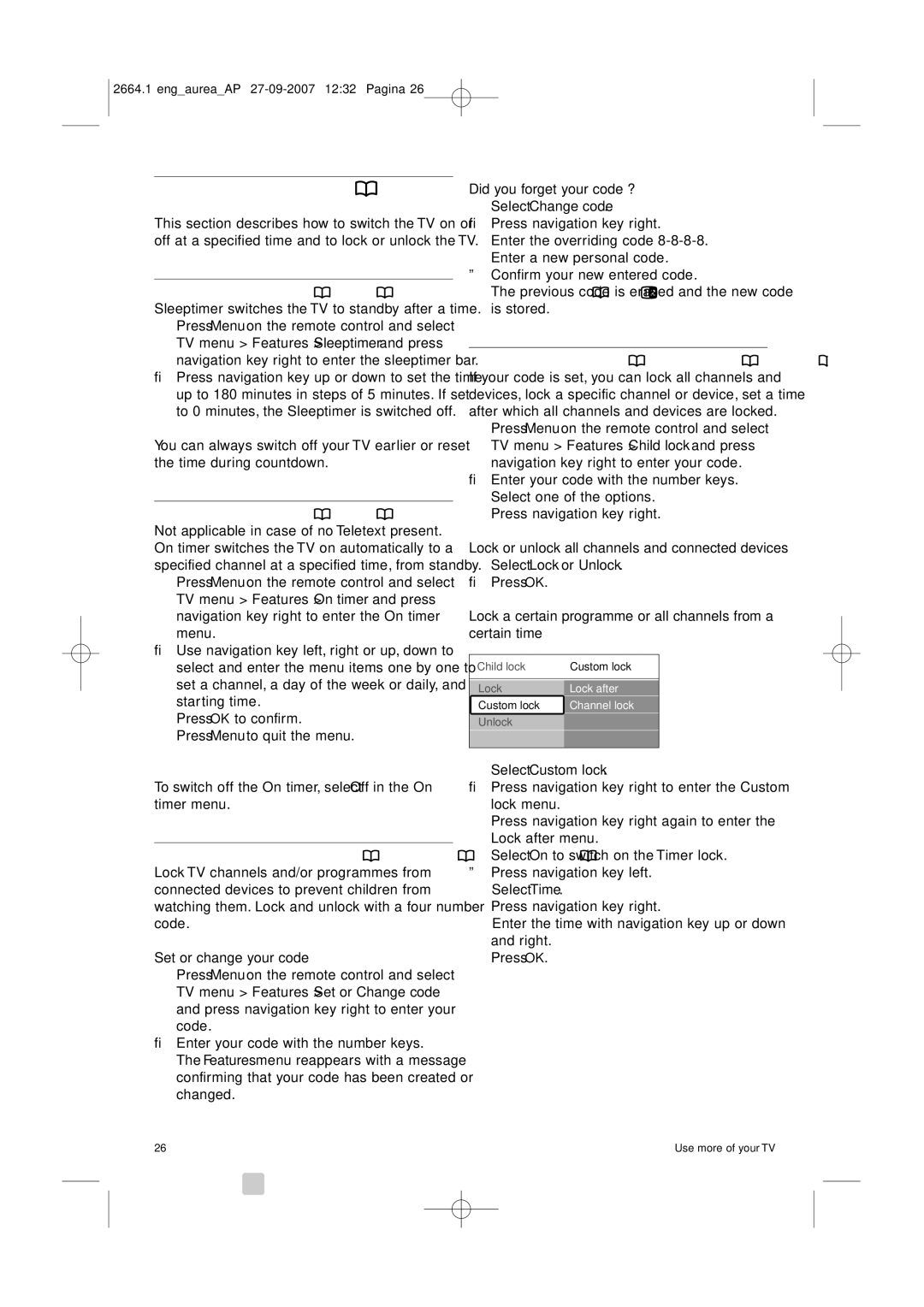 Philips 42PFL9900/98 manual Timers and locks, To switch off the On timer, select Off in the On timer menu 