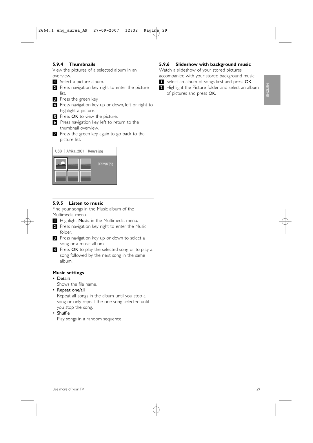 Philips 42PFL9900/98 manual Thumbnails, Listen to music, Music settings 