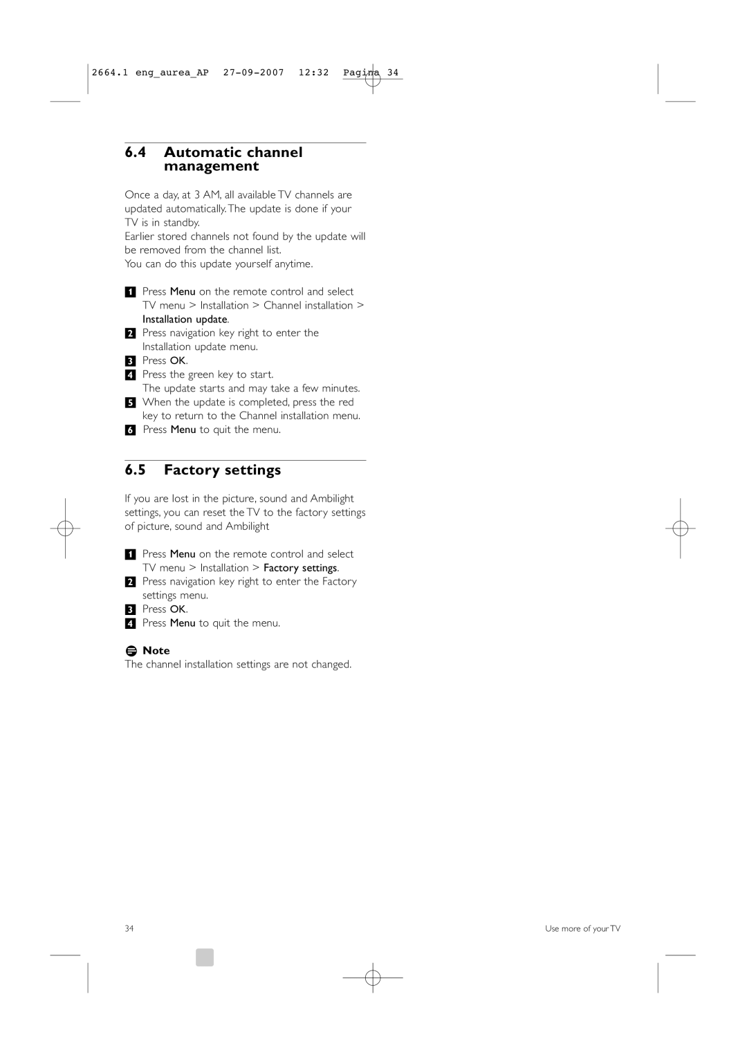 Philips 42PFL9900/98 manual Automatic channel management, Factory settings, Channel installation settings are not changed 