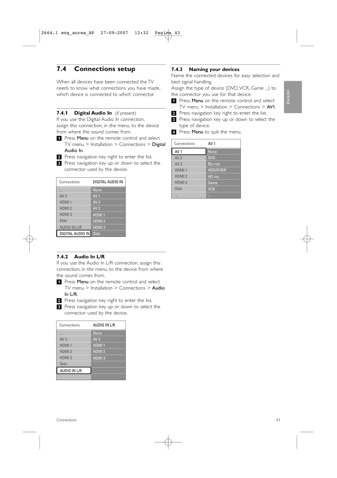 Philips 42PFL9900/98 manual Connections setup, Digital Audio In if present, Naming your devices, Audio In L/R 