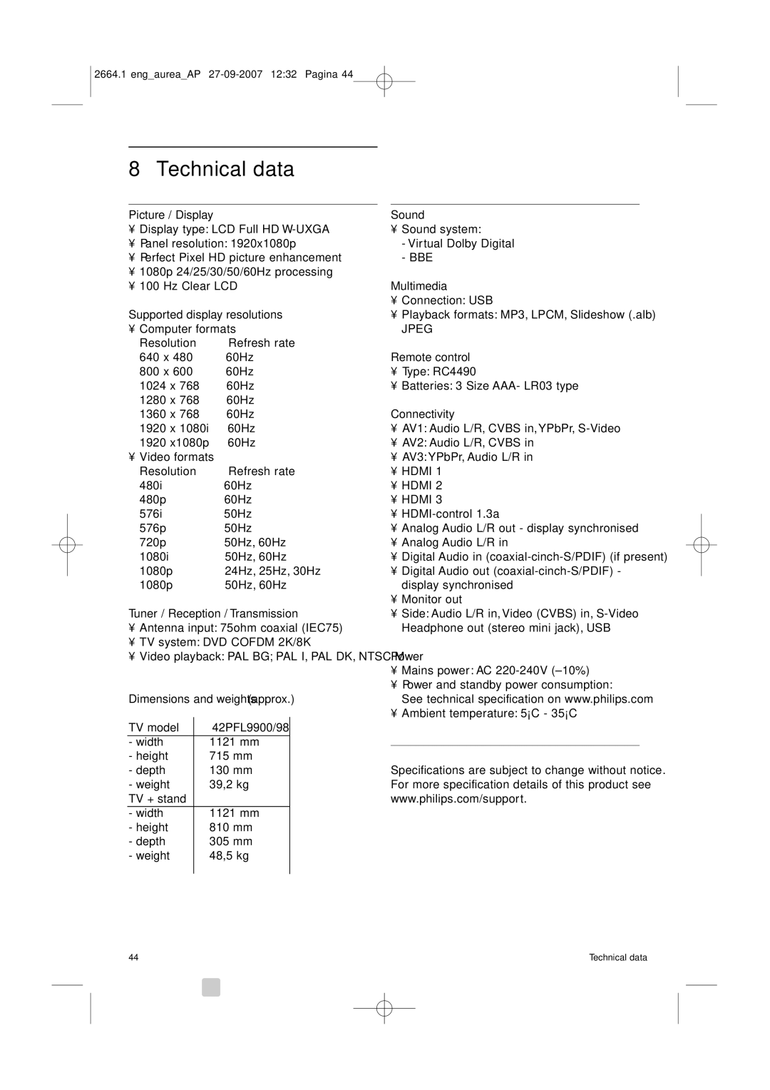 Philips 42PFL9900/98 manual Technical data, Jpeg 