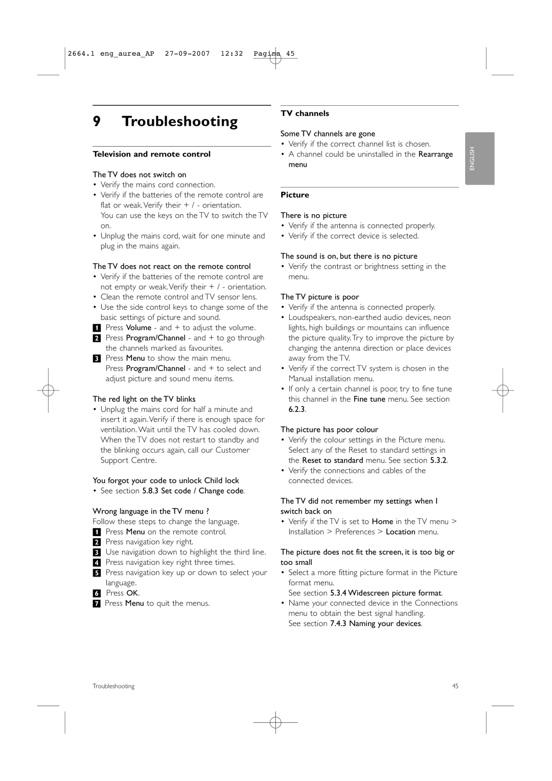 Philips 42PFL9900/98 manual Troubleshooting, Television and remote control, TV channels, Picture 