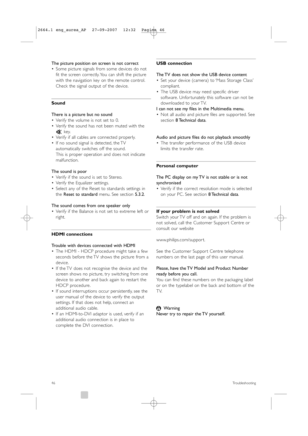 Philips 42PFL9900/98 manual Sound, Hdmi connections, USB connection, If your problem is not solved 