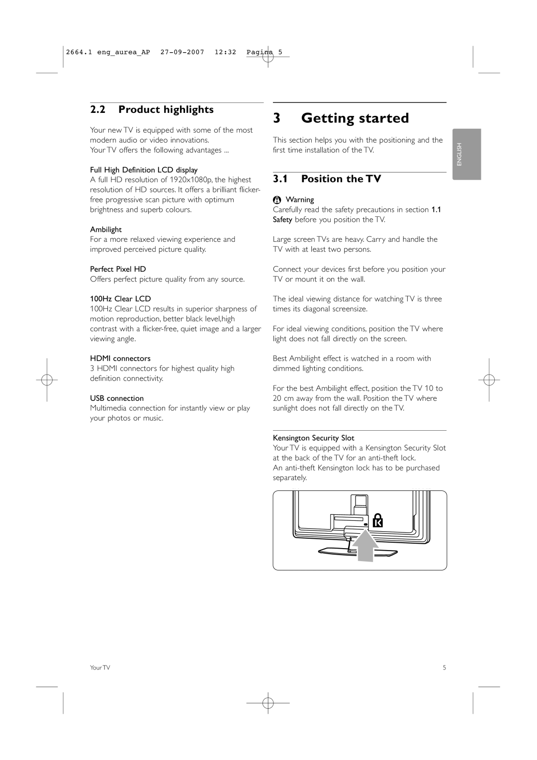 Philips 42PFL9900/98 manual Getting started, Product highlights, Position the TV 