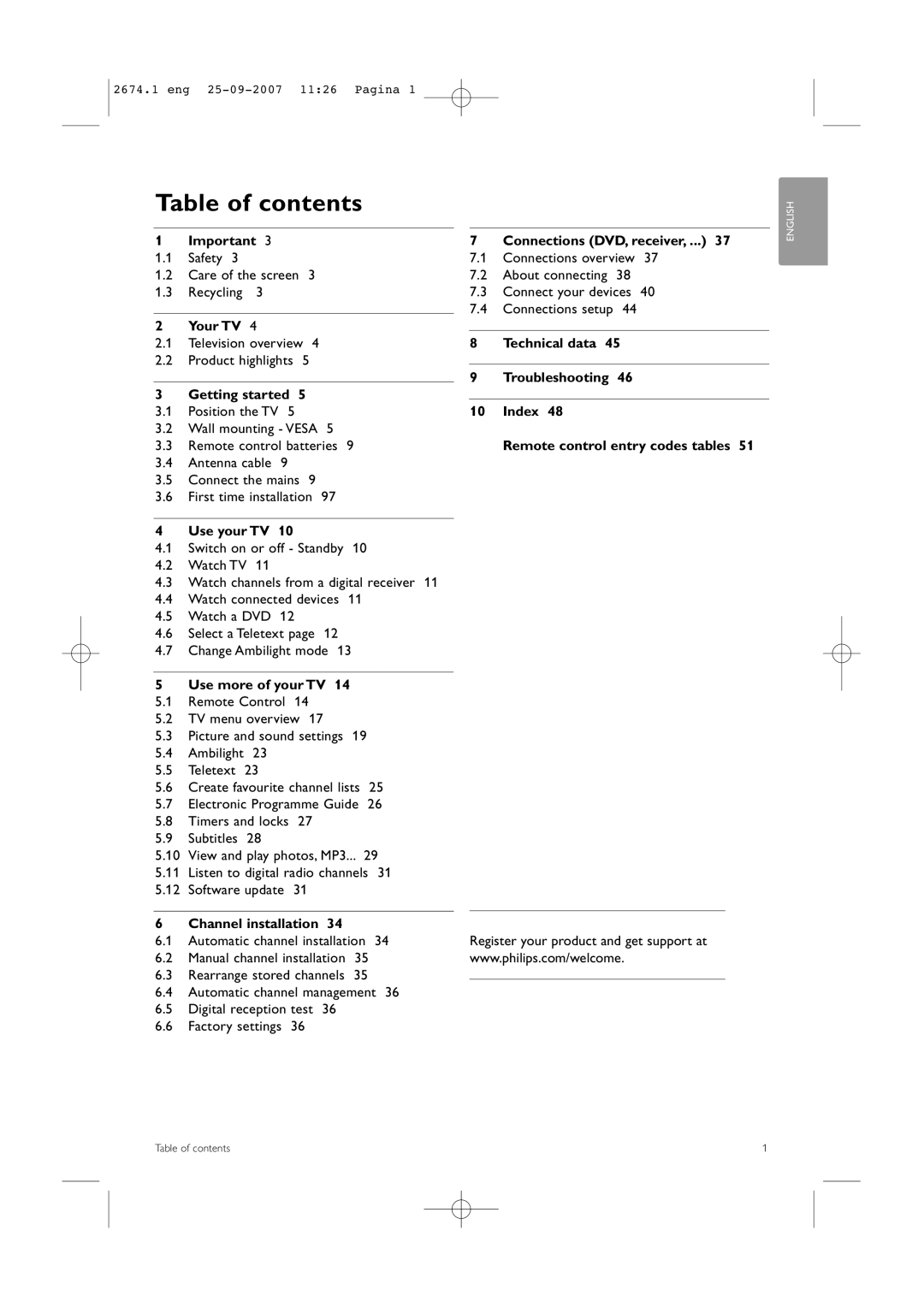 Philips 42PFL9900D/79 manual Table of contents 