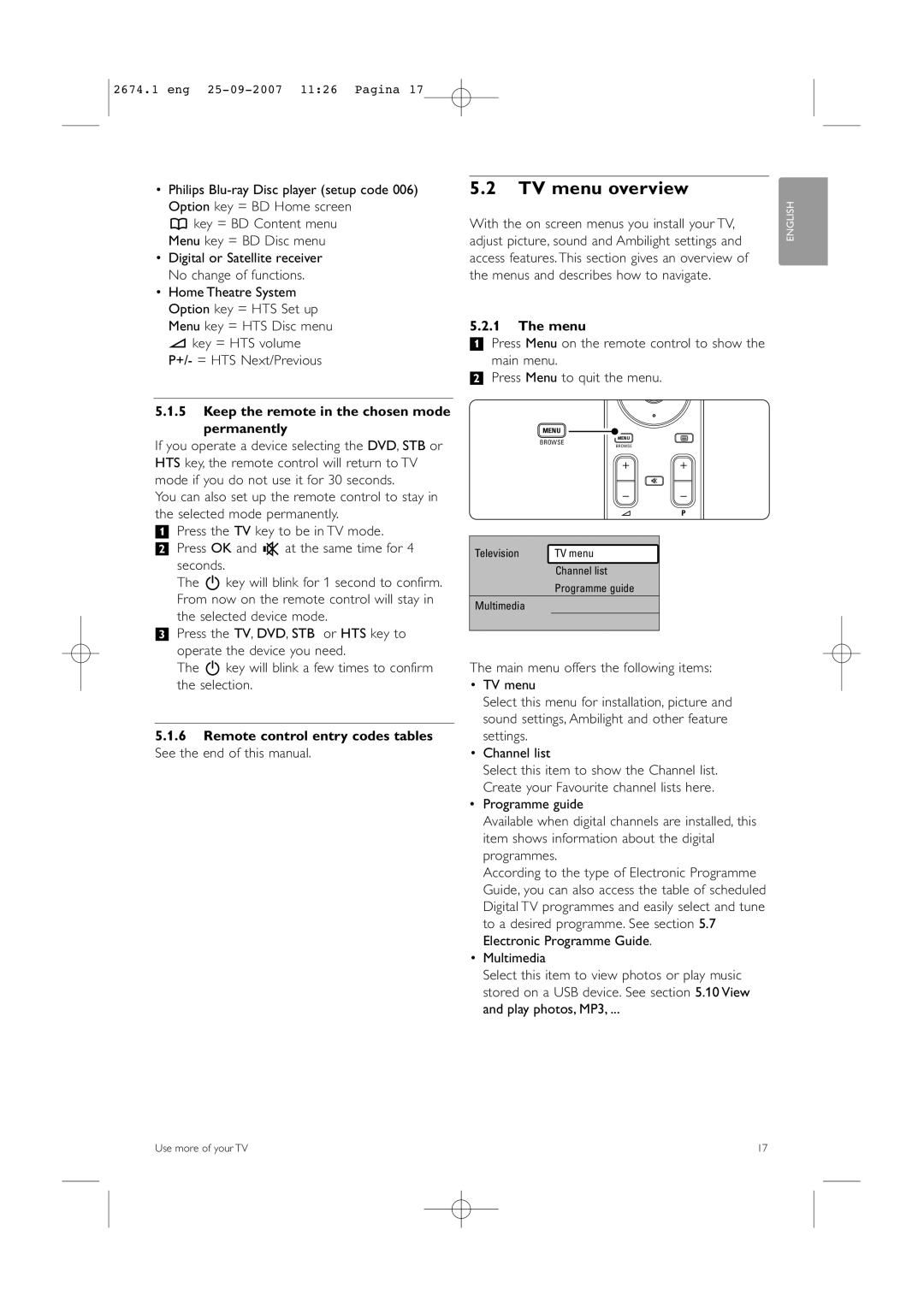 Philips 42PFL9900D/79 manual TV menu overview, Keep the remote in the chosen mode permanently, Menu 