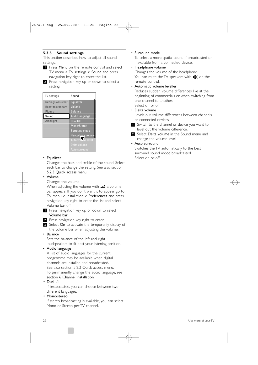 Philips 42PFL9900D/79 manual Sound settings, This section describes how to adjust all sound settings, Audio language 