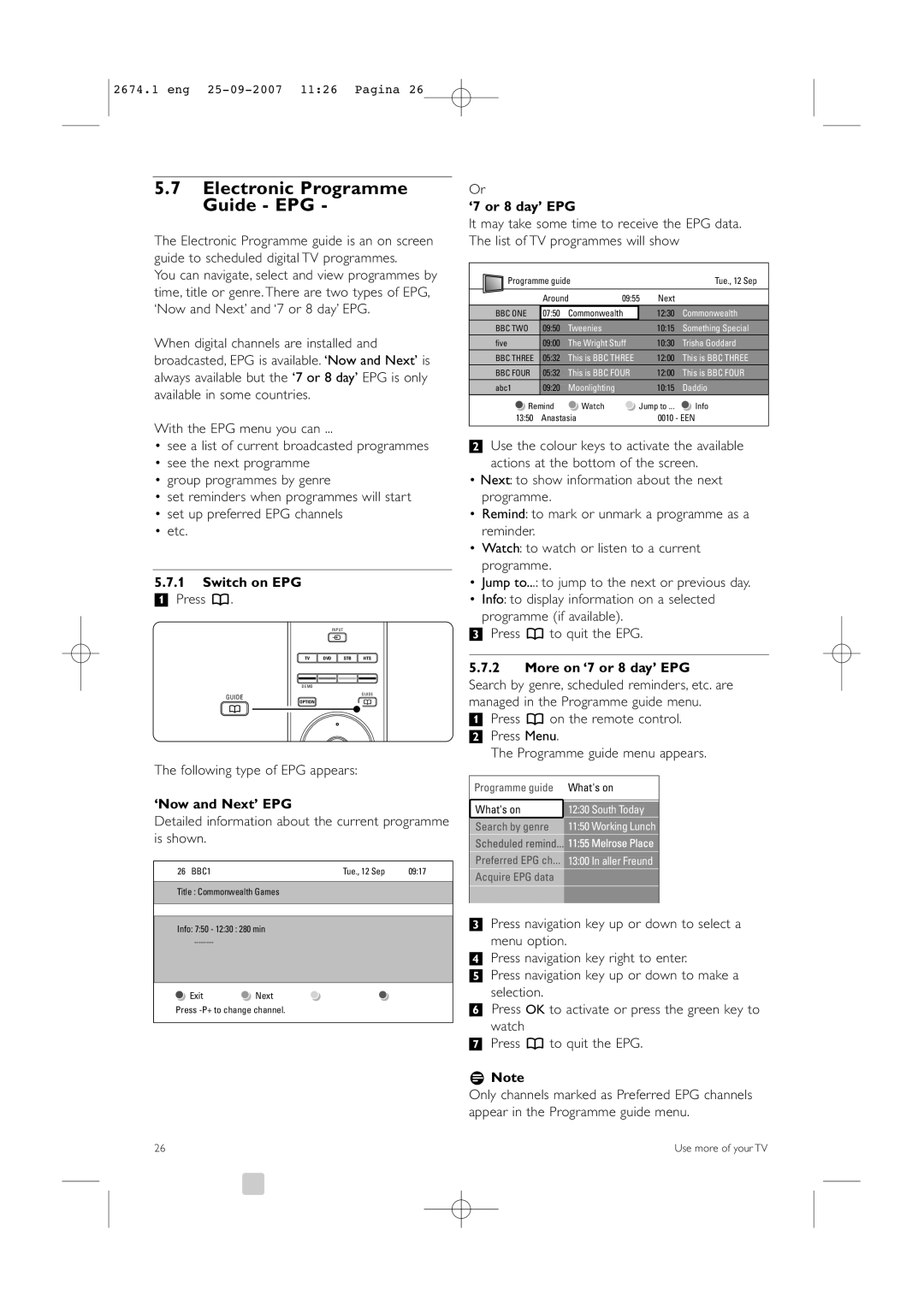 Philips 42PFL9900D/79 Electronic Programme Guide EPG, Switch on EPG, More on ‘7 or 8 day’ EPG, ‘Now and Next’ EPG 