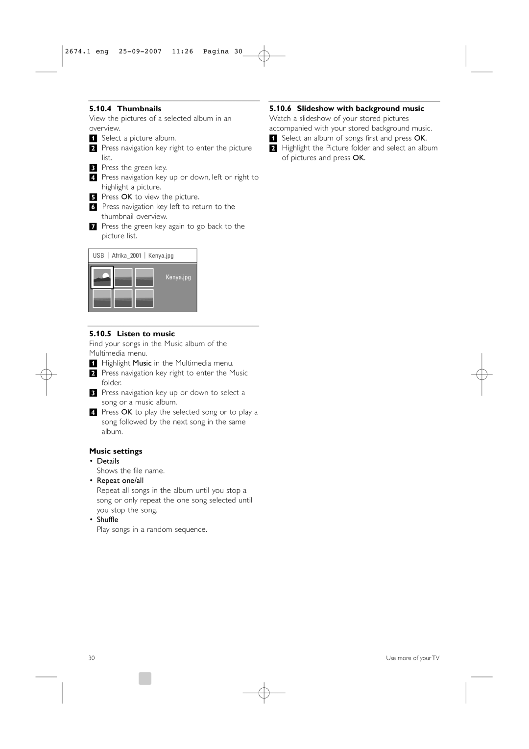 Philips 42PFL9900D/79 manual Thumbnails, Listen to music, Music settings, Kenya.jpg 