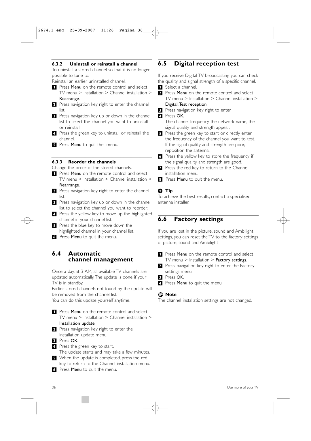 Philips 42PFL9900D/79 manual Automatic Channel management, Digital reception test, Factory settings, Reorder the channels 