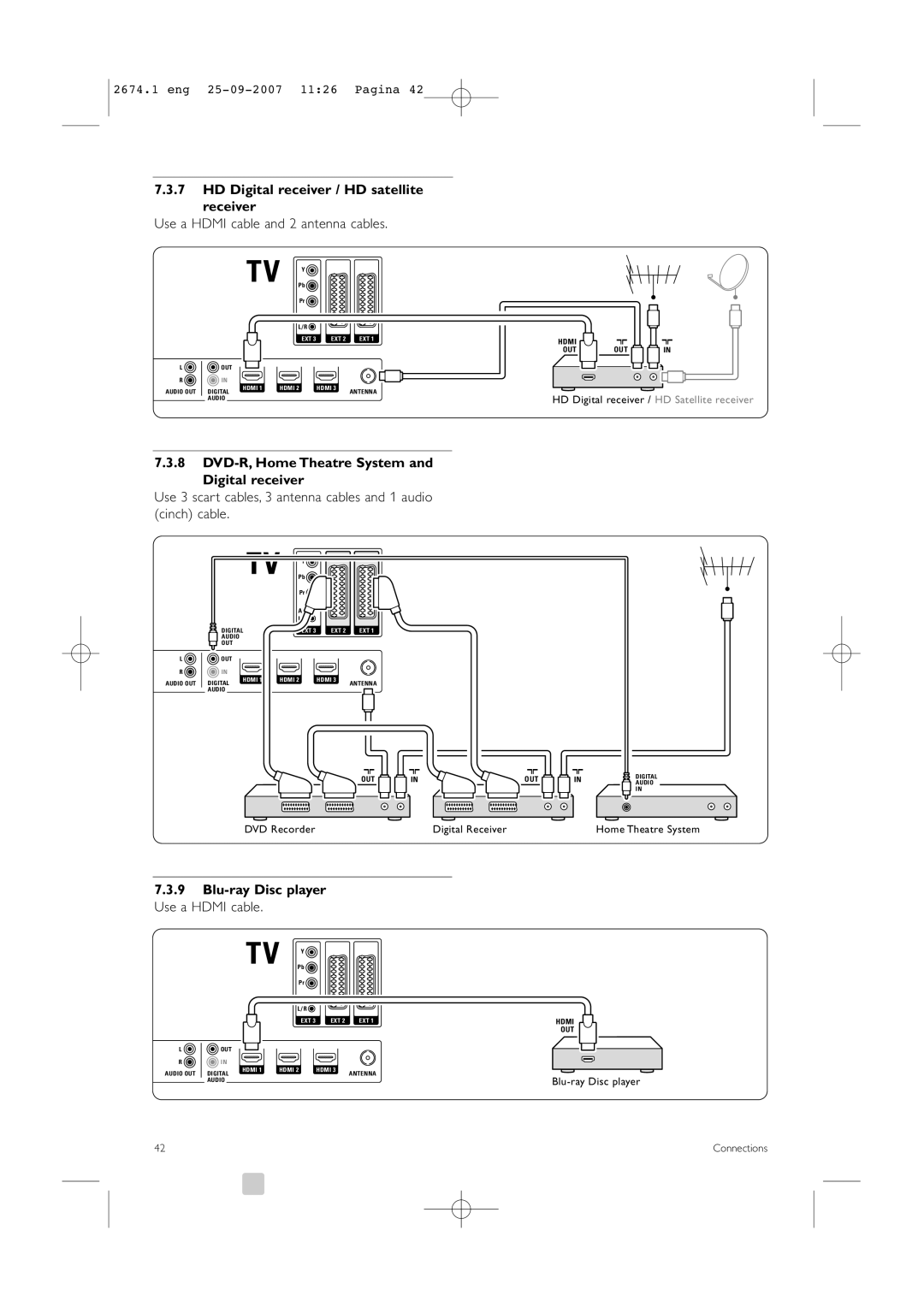 Philips 42PFL9900D/79 manual HD Digital receiver / HD satellite receiver, Use a Hdmi cable and 2 antenna cables 