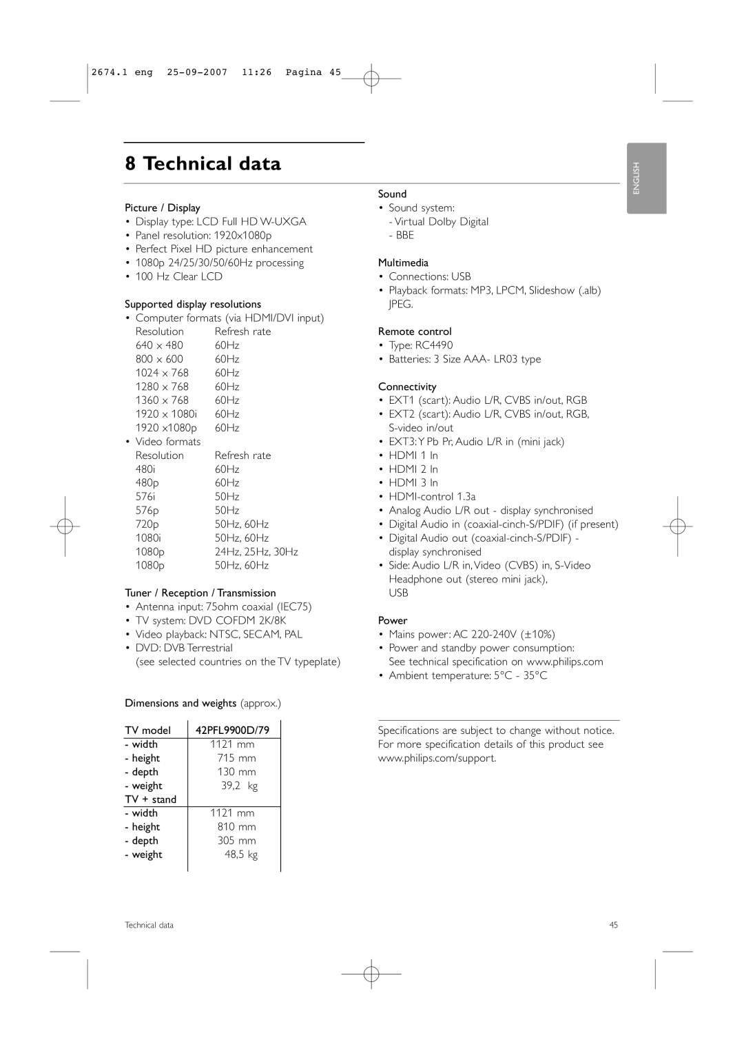 Philips 42PFL9900D/79 manual Technical data, Height 715 mm Depth 130 mm Weight 39,2 kg TV + stand Width 