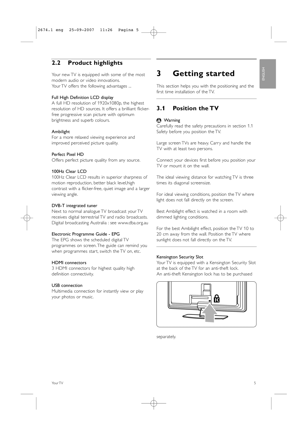 Philips 42PFL9900D/79 manual Getting started, Product highlights, Position the TV 